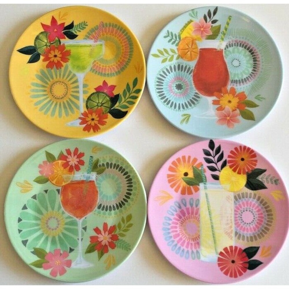Tropical Drink Melamine Snack Appetizer Dessert Plates 6" Set of 4 Beach House
